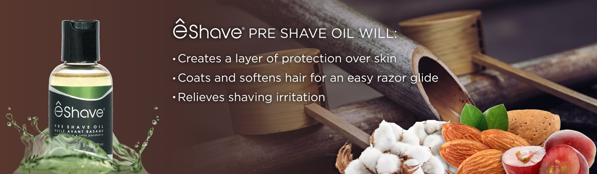 Pre Shave Oil banner showing ingredients of cotton almond and more in a zen decor