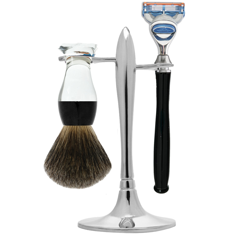 T_Stand_5_Blade_Flat_Bottom_-With_clear_black_short_fine_brush T shape Shaving Stand with clear and black fine badger hair brush and 5 blade razor with unique black handle