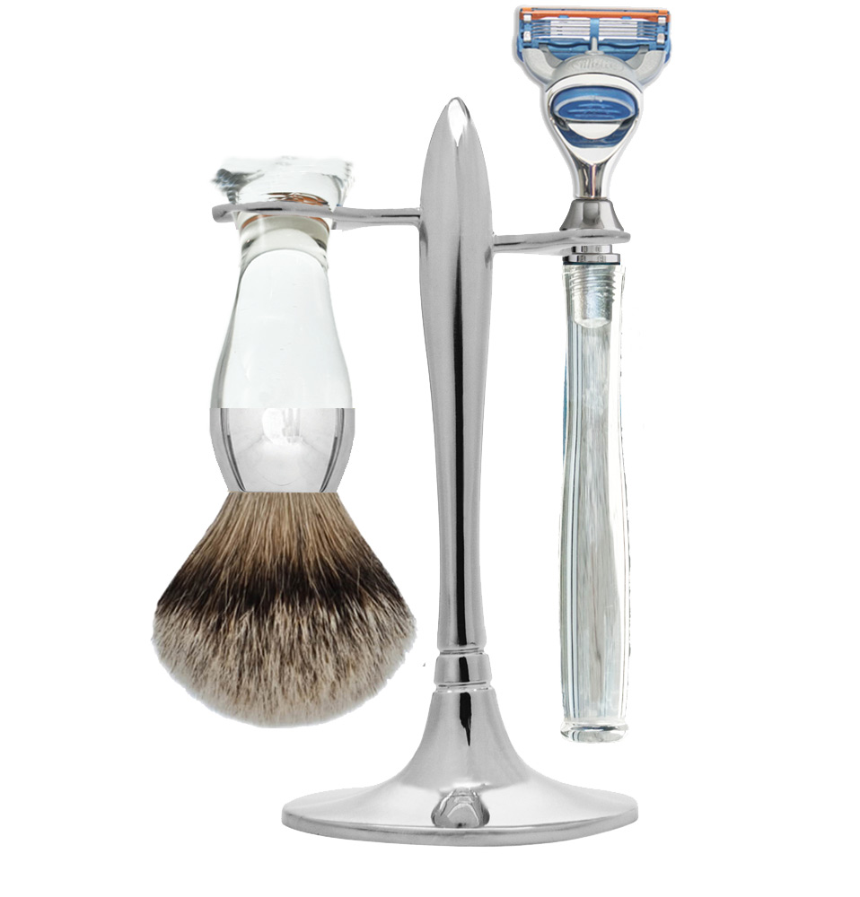 t shaving stand with clear and nickel shaving brush fine badger and clear unique 5 blade razor