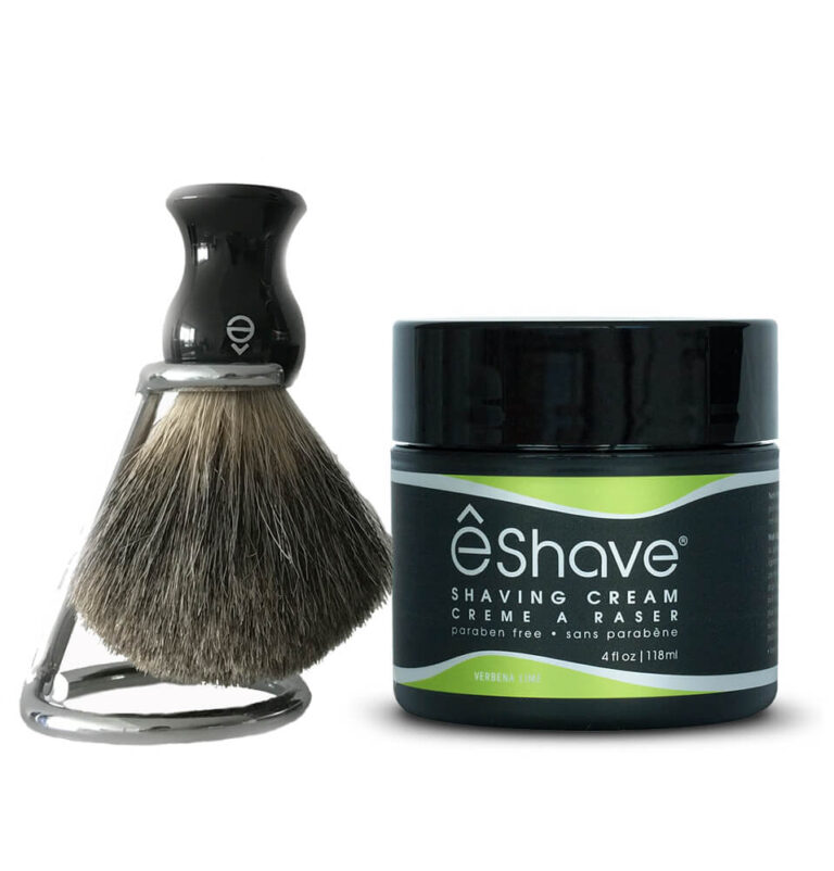 eShave Shaving Set with Verbena Lime shaving cream 4 oz and pure badger short shaving brush with stand