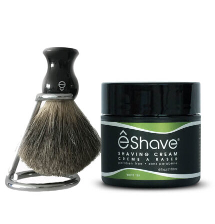 eShave Shaving Set with White Tea shaving cream 4 oz and pure badger short shaving brush with stand
